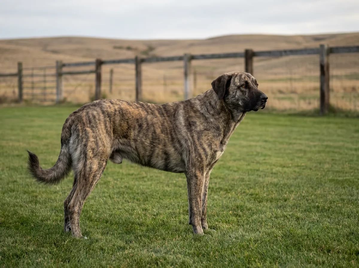 Brindle Anatolian Shepherd standing in side profile on grass with natural ears.
