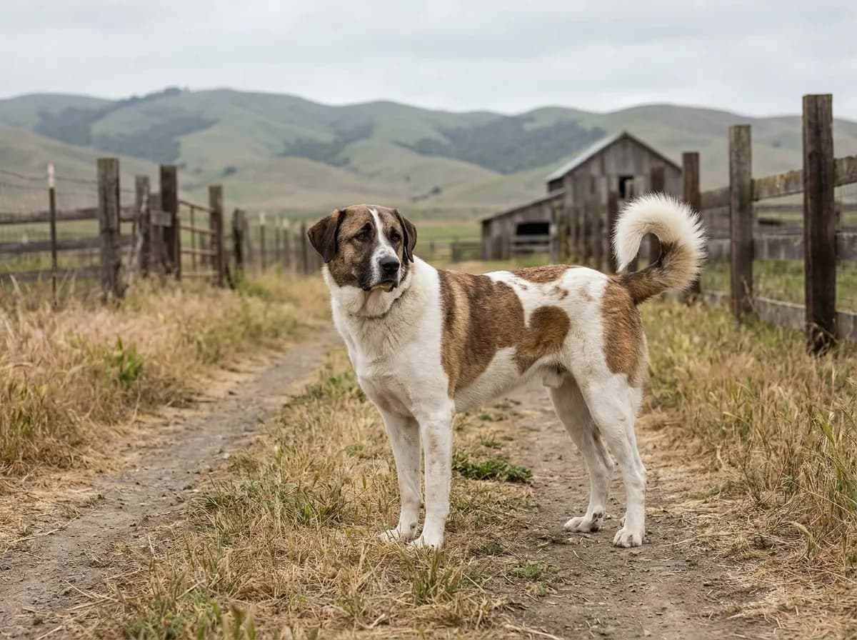 White and brown pinto Anatolian Shepherd standing on a fenced rural path.