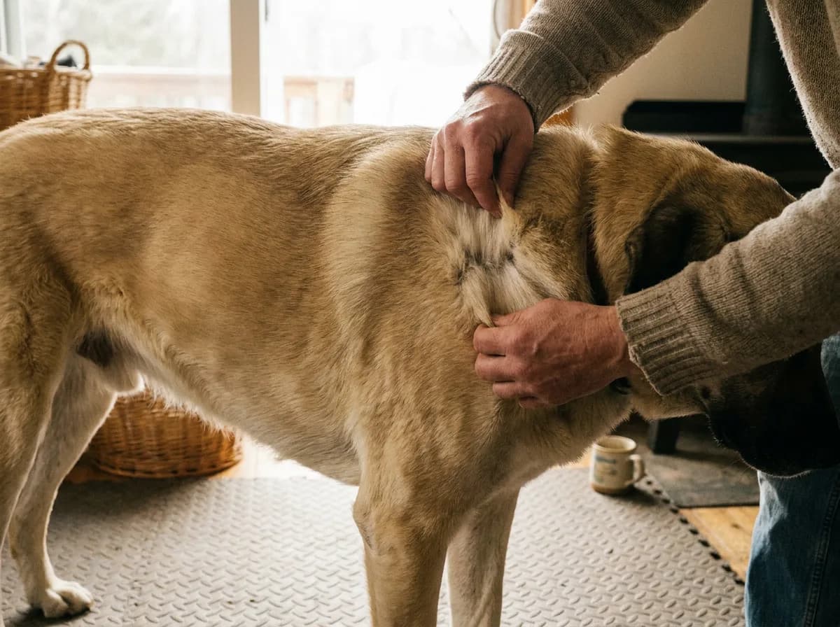 Adult gently parting an Anatolian Shepherd’s shoulder coat.