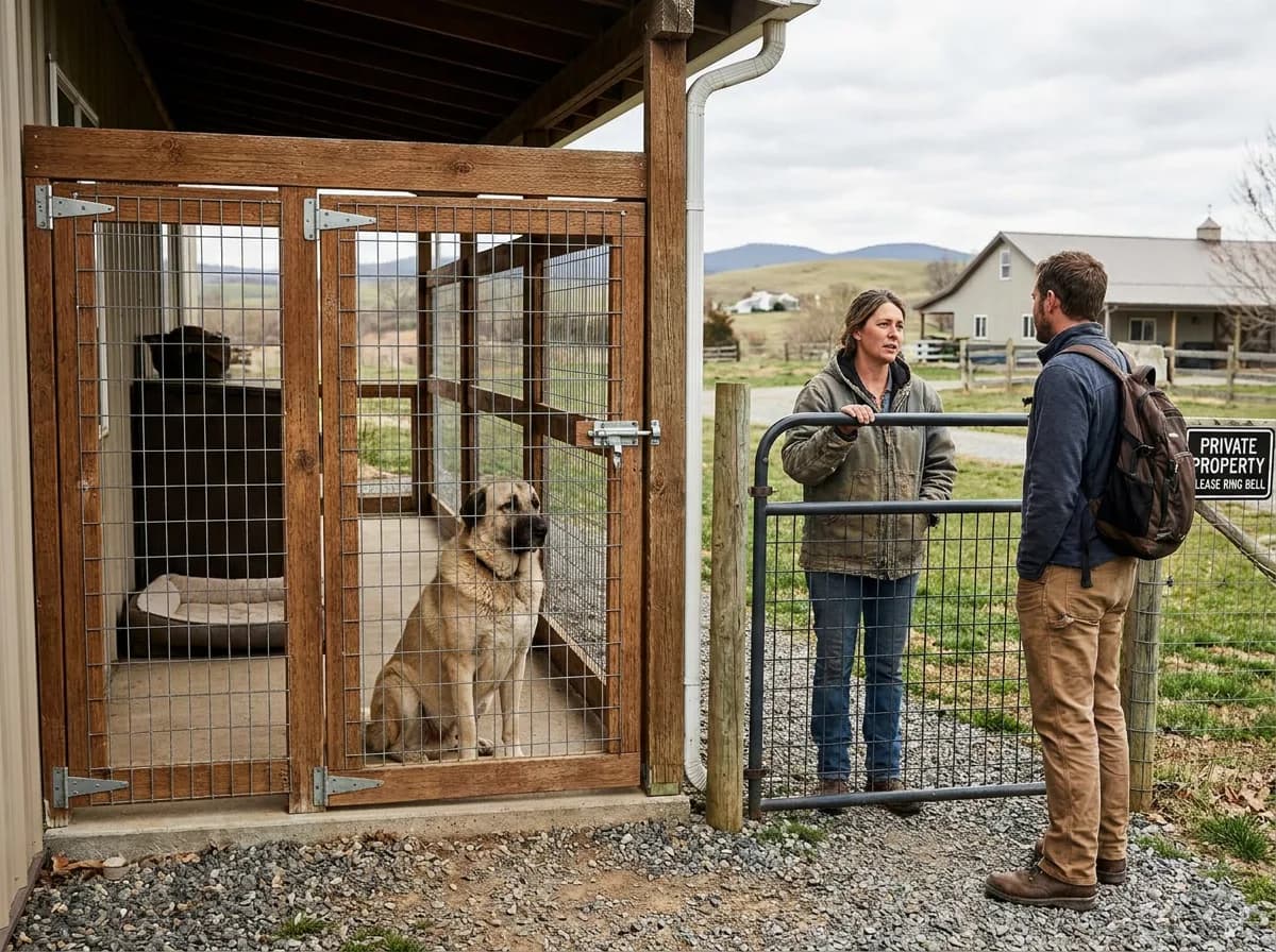 Anatolian Shepherd behind a closed enclosure gate while adults meet outside.