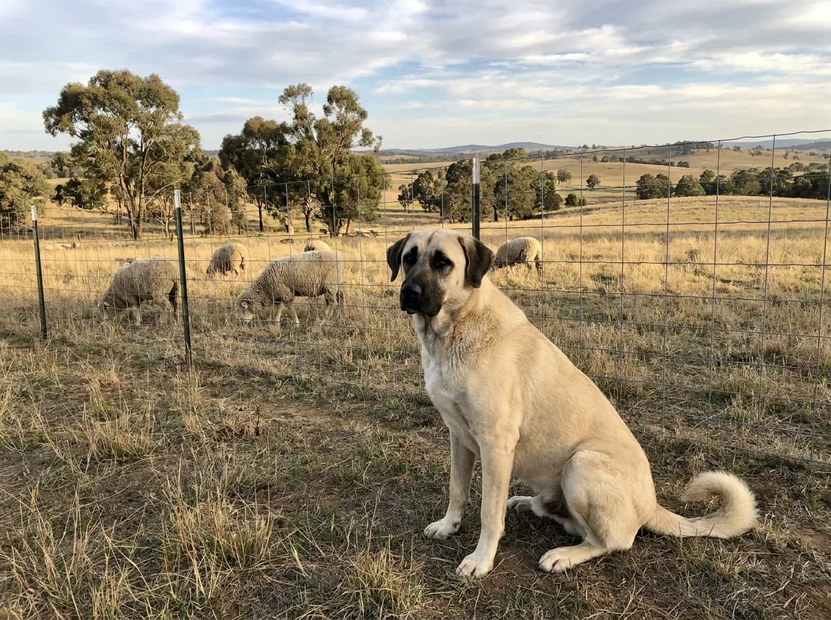 Fawn Anatolian Shepherd sitting near fenced livestock pasture with sheep in the background.