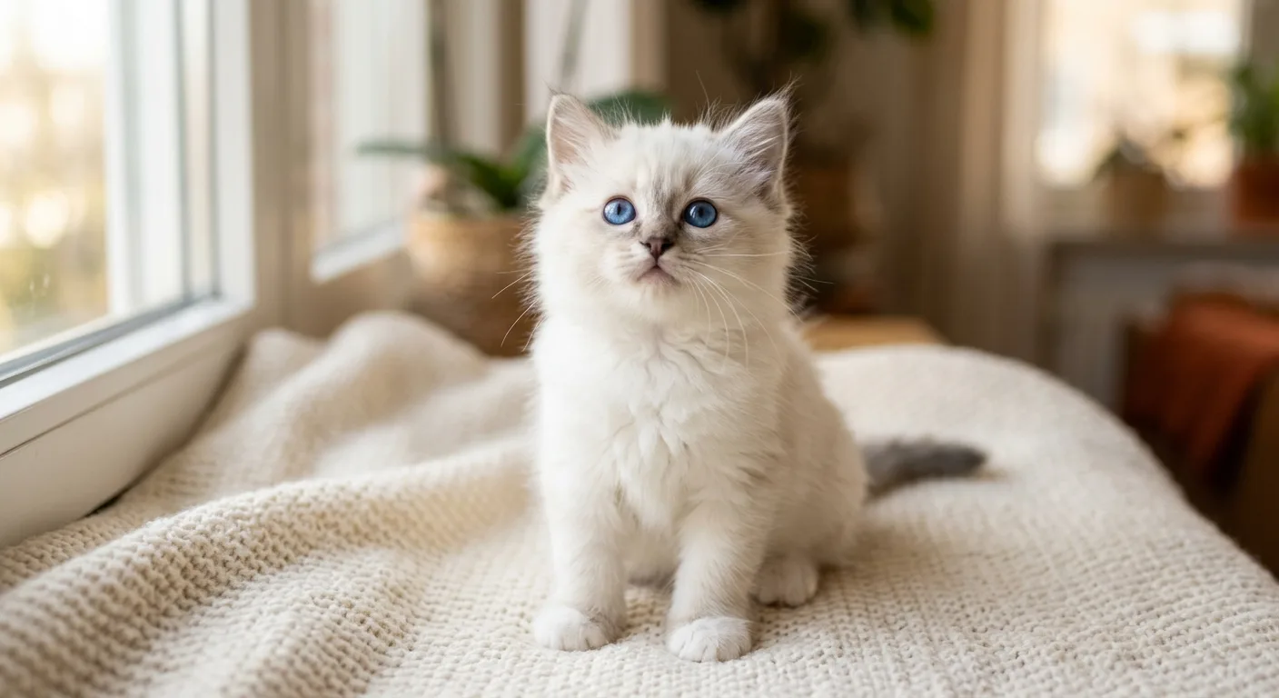 Young Birman kitten with barely-visible point color, pure-white gloves on all four paws, and wide sapphire-blue eyes on a cream blanket