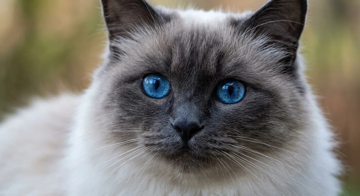 Close-up of a blue-point Birman cat face showing vivid round sapphire-blue eyes, broad rounded head, and Roman nose