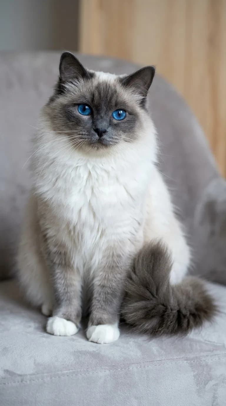 Blue-point Birman cat with blue-grey points, pale platinum body, pure-white gloves on all four paws, and sapphire-blue eyes