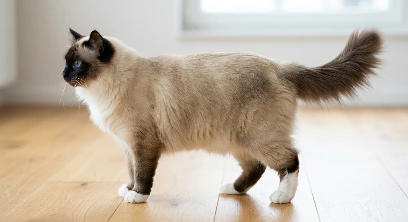Full-body side profile of a seal-point Birman cat on a wood floor showing stocky build, silky semi-long coat with neck ruff, plumed tail, and white gloves