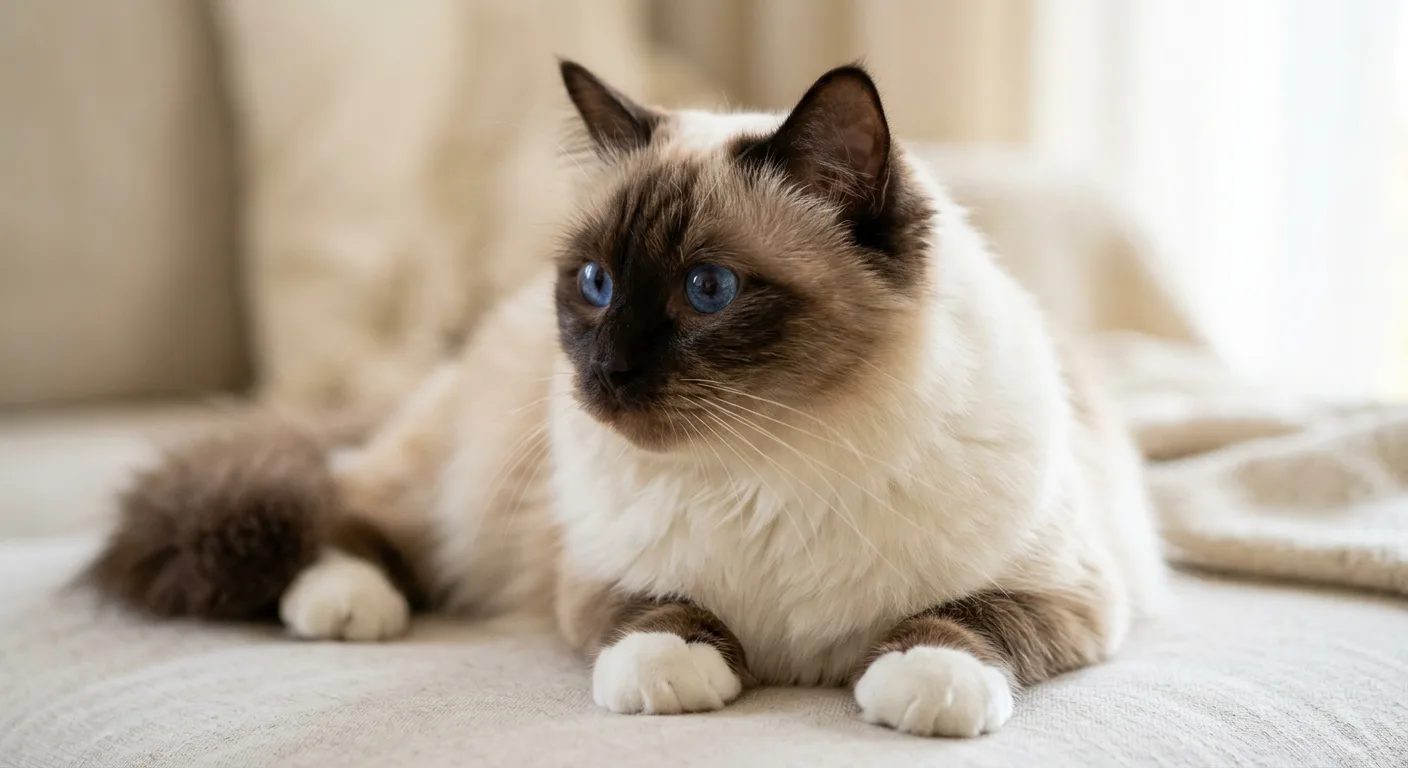 Seal-point Birman cat lying on a light surface showing the broad rounded head, blue eyes, white front paws, and silky semi-long coat