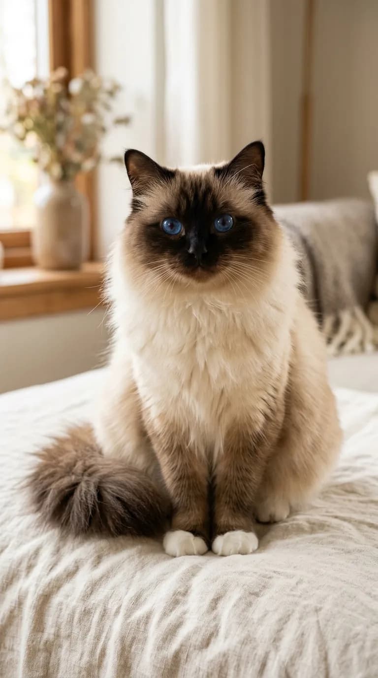 Seal-point Birman cat with pure-white gloved paws, pale cream body, and deep sapphire-blue eyes sitting gracefully