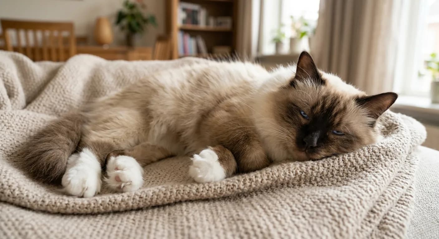 Seal-point Birman cat lounging contentedly on a soft beige blanket with white-gloved paws tucked and eyes half-closed