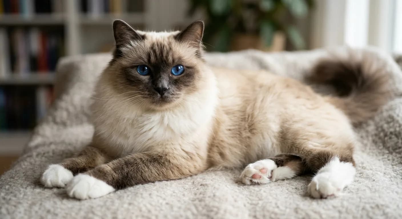 Birman cat lying relaxed showing all four pure-white symmetrical gloves, seal-point coloring on legs and tail framing the clean white paws