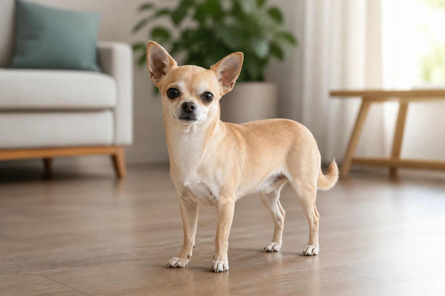 Adult smooth-coat Chihuahua standing naturally in a bright lived-in home, correct toy-breed proportions, alert ears, no clothing