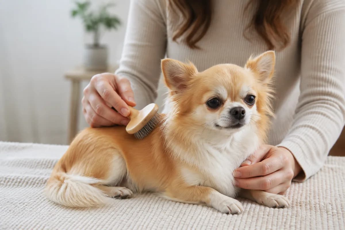 Owner gently brushing a relaxed long-coat Chihuahua on a stable surface