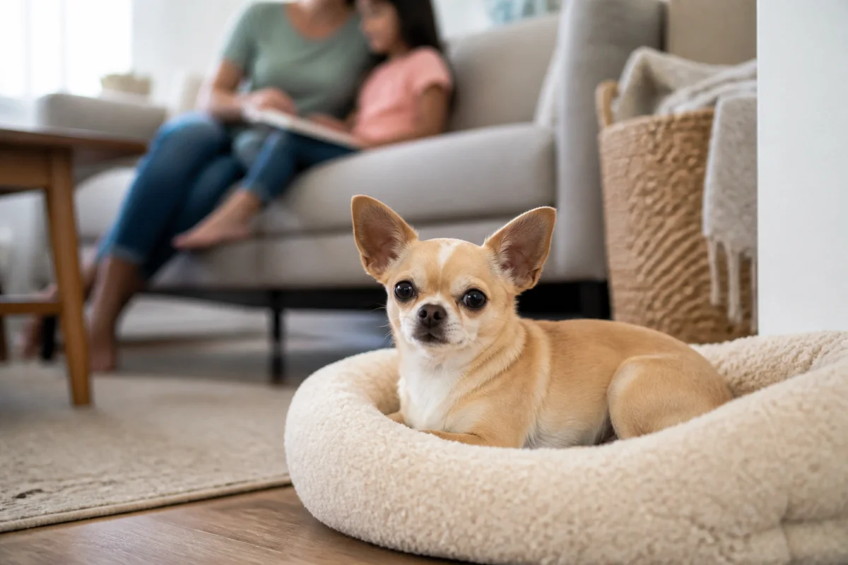 Chihuahua resting in a safe small-dog area near normal family activity