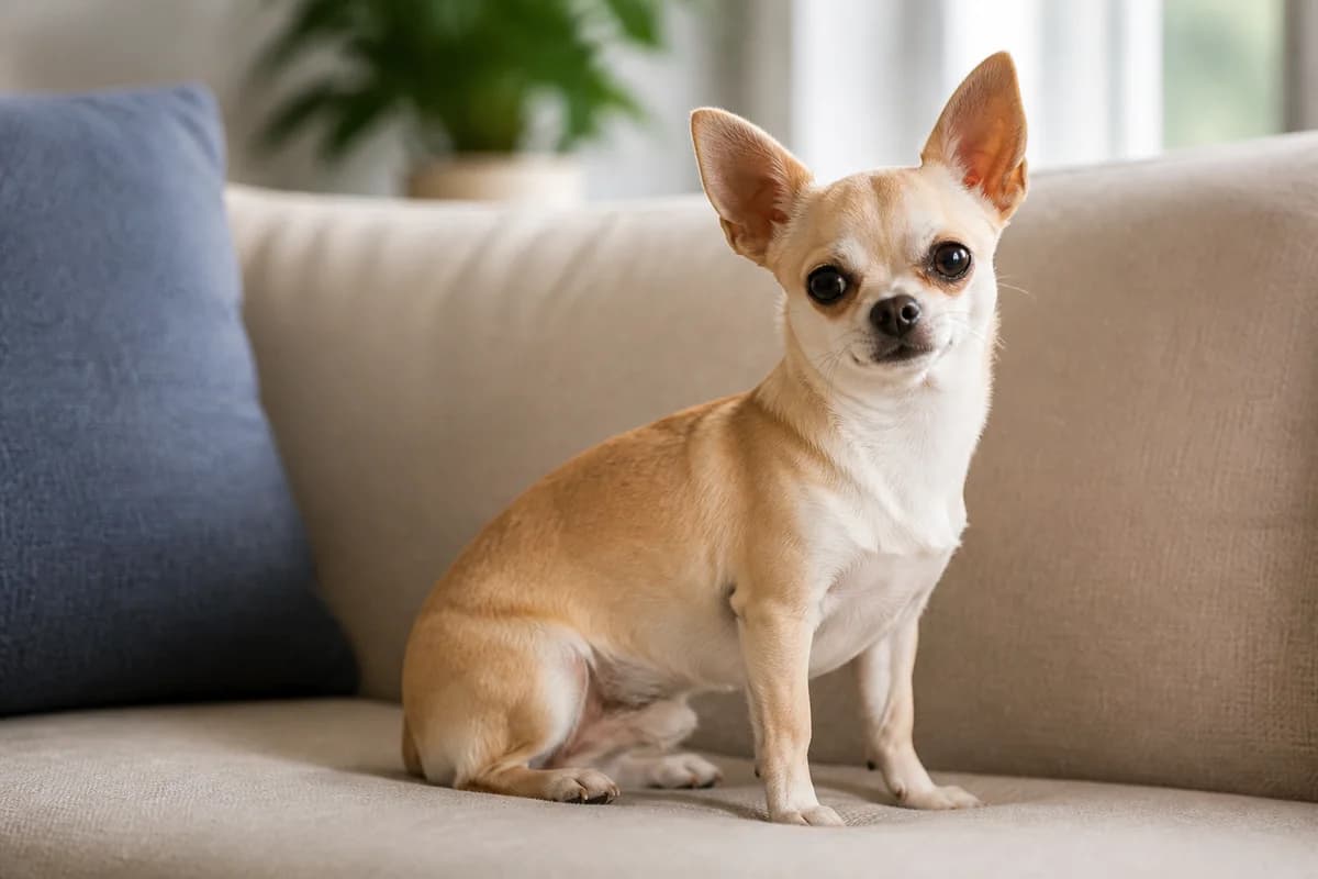 Adult Chihuahua in a natural three-quarter portrait showing large ears, compact body and attentive expression