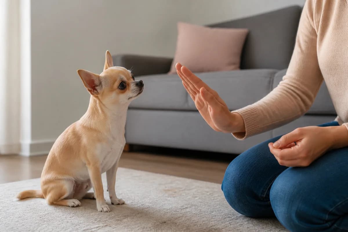 Chihuahua practicing a calm reward-based cue with an adult handler at floor level