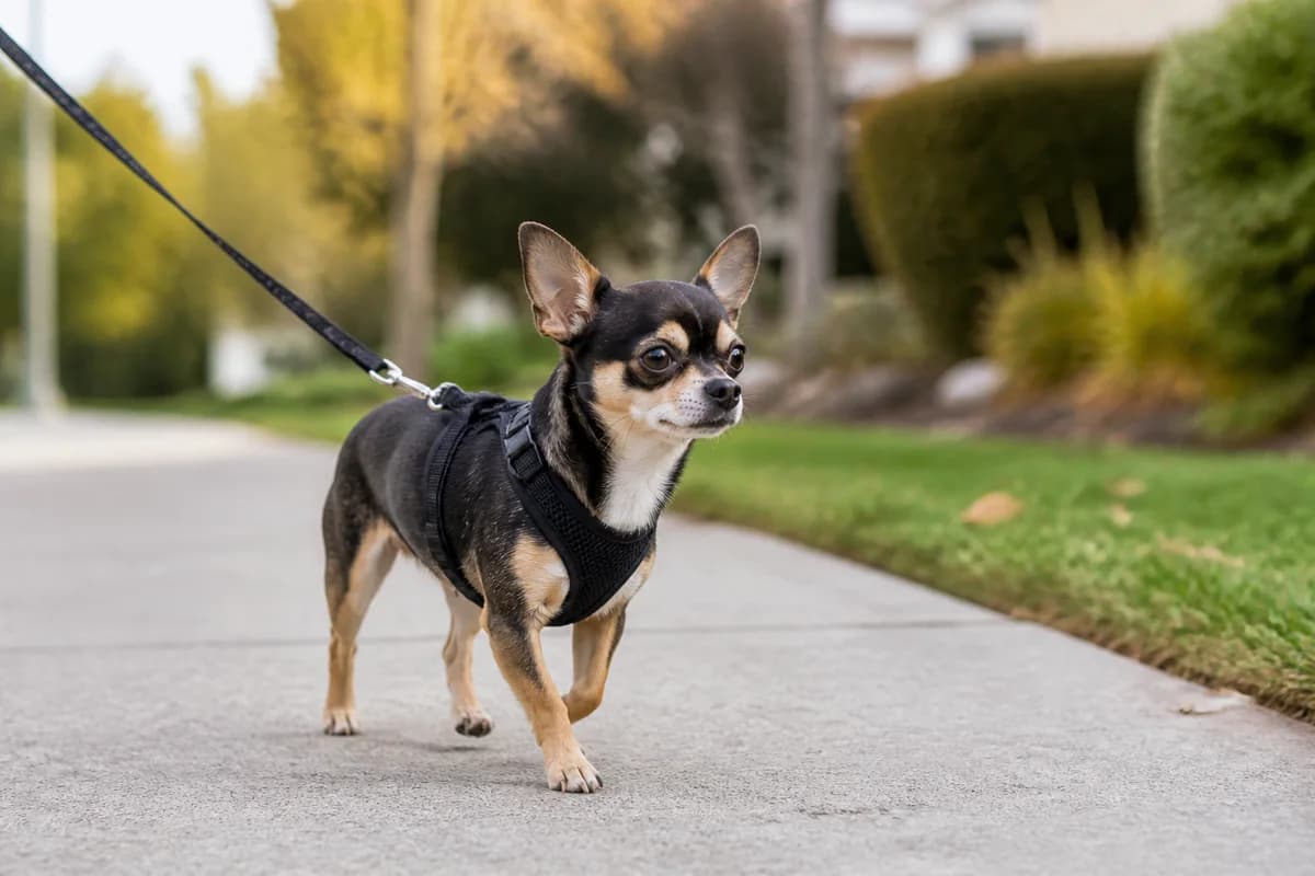 Fit Chihuahua on a measured harness taking a neighborhood walk in mild weather
