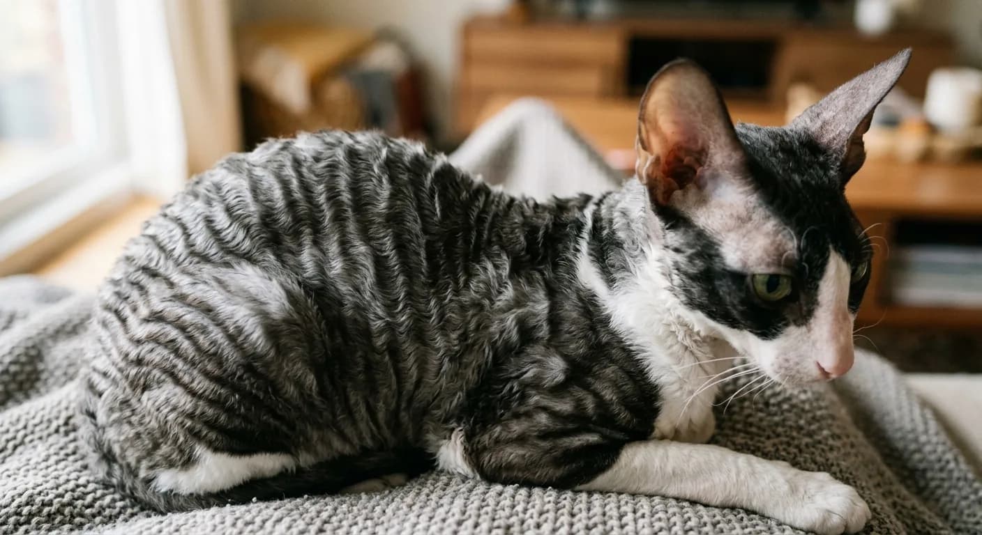 A black and white bi-color Cornish Rex lying down showing the dramatically pronounced wavy marcel ripple pattern along the back and sides of its short down coat