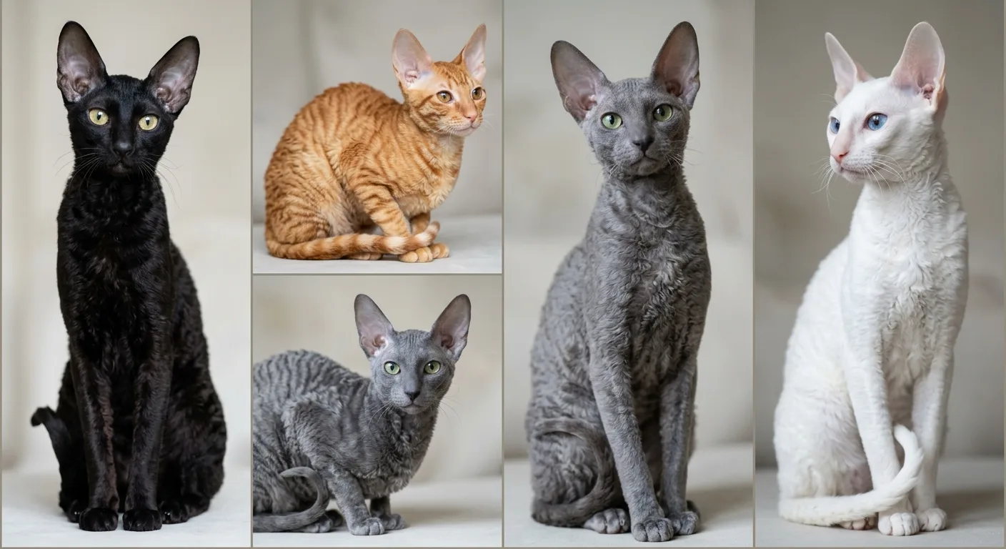A collage of five Cornish Rex cats in different coat colors including solid black, orange tabby, silver-grey, blue-grey, and pure white, all showing the breed's large high-set ears and short wavy coat