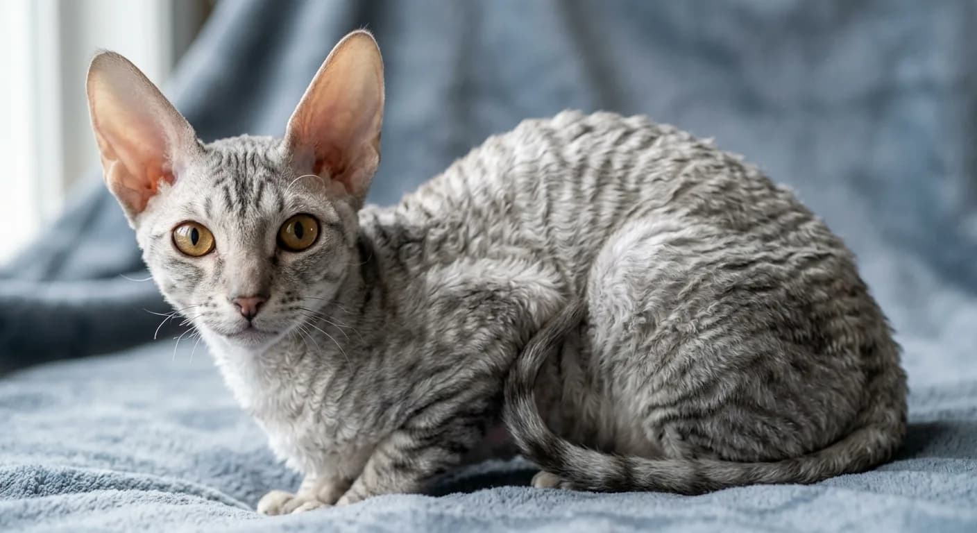 A silver tabby Cornish Rex sitting on a blue blanket, its very large high-set ears, oval face, and pronounced wavy coat ripples visible at a three-quarter angle