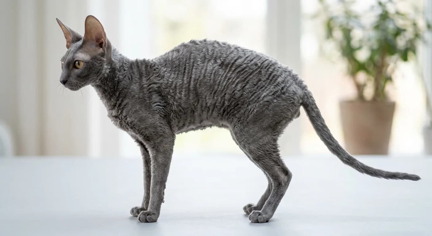 A blue-grey Cornish Rex standing in full-body side profile, showing the arched greyhound-like spine, tucked belly, long fine legs, and slender whippy tail