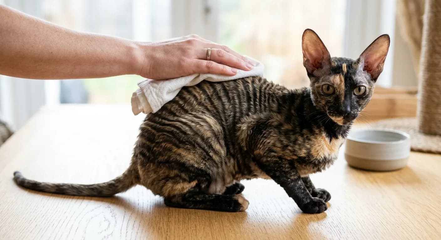 A tortoiseshell Cornish Rex on a table being wiped down with a damp cloth by an owner's hand, showing the breed's simple monthly coat-care routine