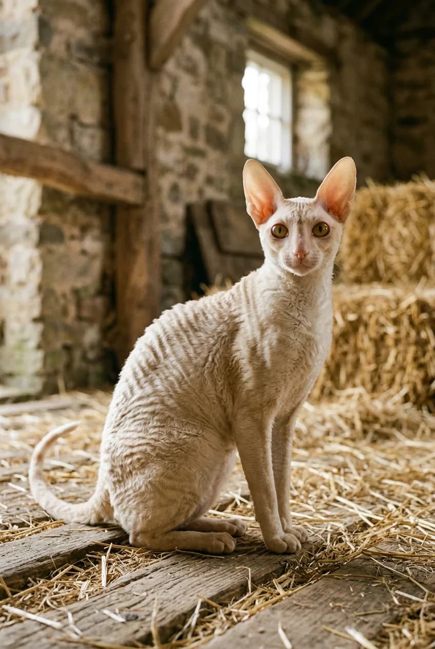 A cream Cornish Rex with a short wavy coat sitting upright in a rustic stone English barn with hay bales, evoking Kallibunker the foundation kitten born in Cornwall in 1950