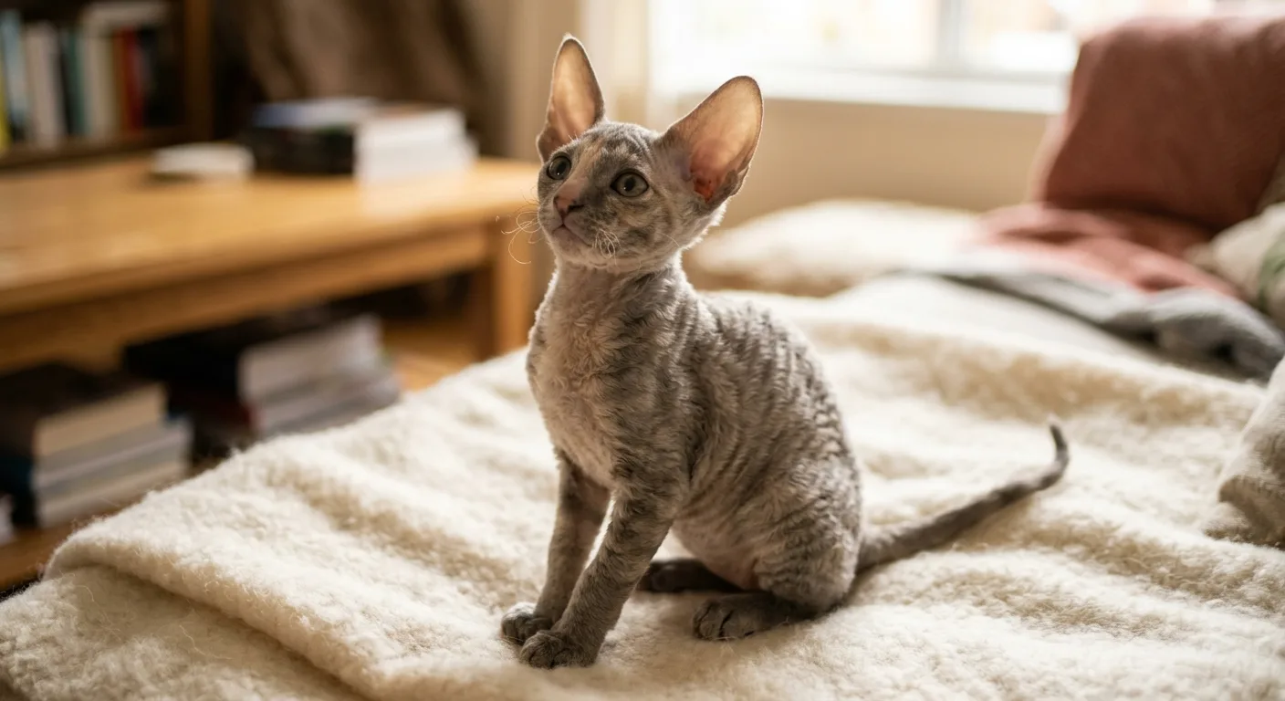 A young grey Cornish Rex kitten sitting on a fluffy cream blanket, its oversized large high-set ears and short wavy rippling coat prominent for its small size