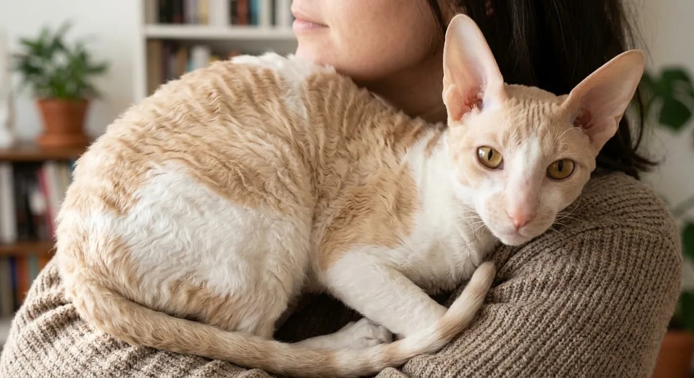 A cream and apricot tabby Cornish Rex perched on a person's shoulder being cuddled close, its large high-set ears and short wavy coat visible, showing the breed's affectionate bonding