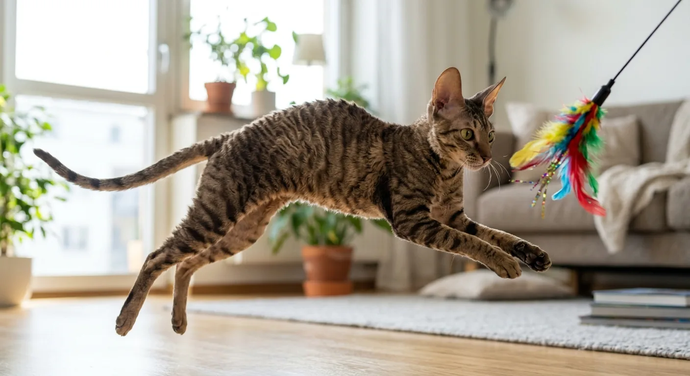 A brown mackerel tabby Cornish Rex fully airborne in mid-pounce chasing a colorful feather wand toy, its arched racy body and long fine legs extended, in a bright living room