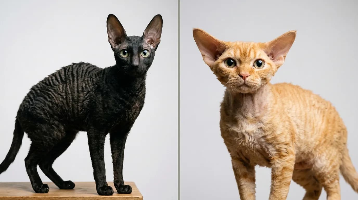 Side-by-side: a black Cornish Rex (left) with tall narrow high-set ears, wavy marcelled coat, and slender arched body versus a ginger Devon Rex (right) with wider lower-set ears and a rounder compact head