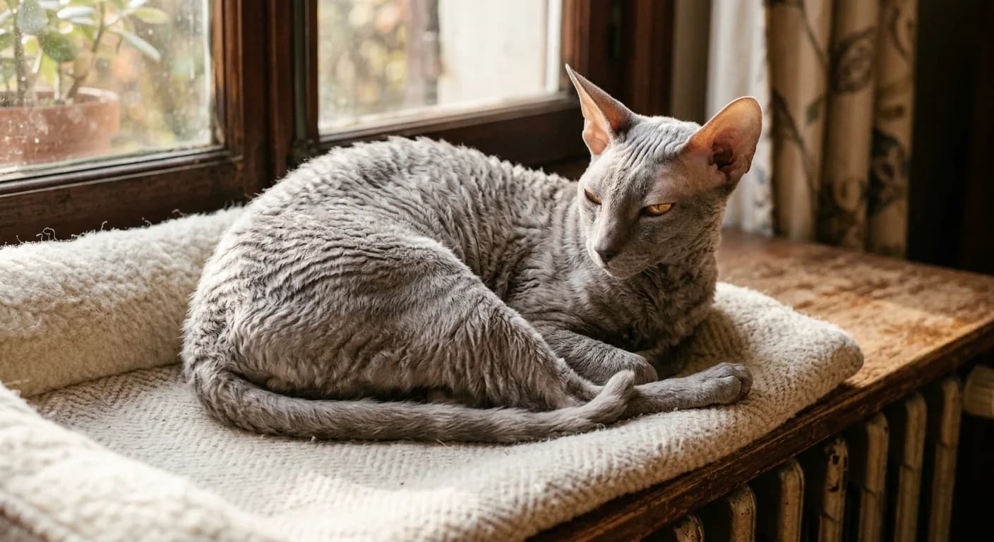 A silver-grey Cornish Rex curled on a cushioned radiator shelf beside a window in warm light, illustrating the breed's warmth-seeking behavior due to its thin coat