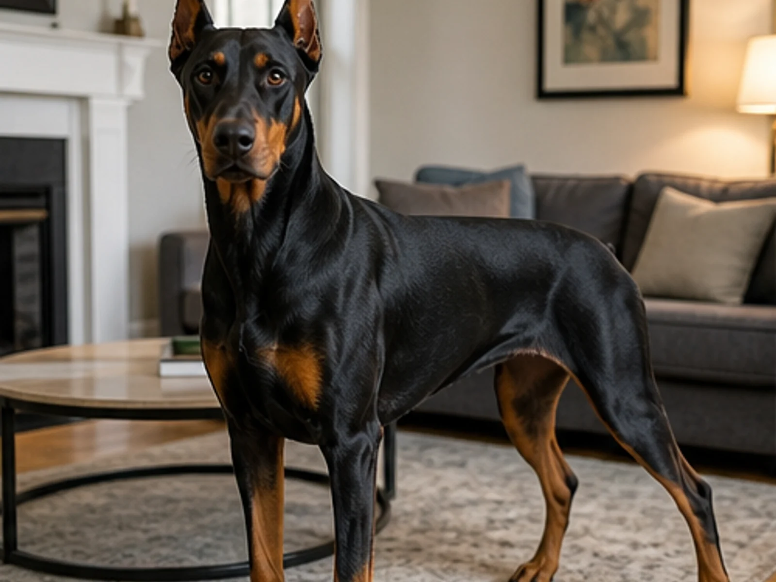 alert adult black-and-rust Doberman standing naturally in a lived-in home, full body visible