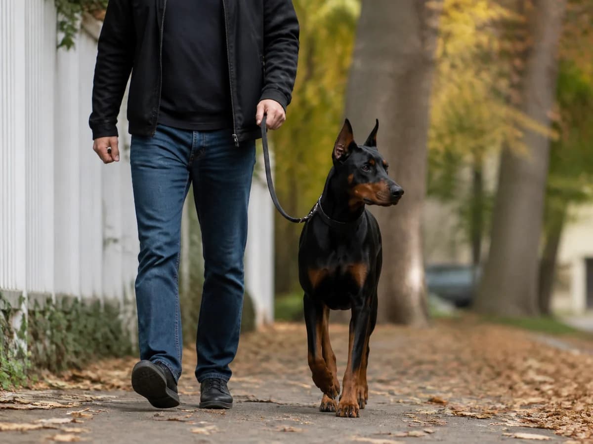History and identity: lean adult Doberman walking beside a handler outdoors, uncropped natural ears acceptable