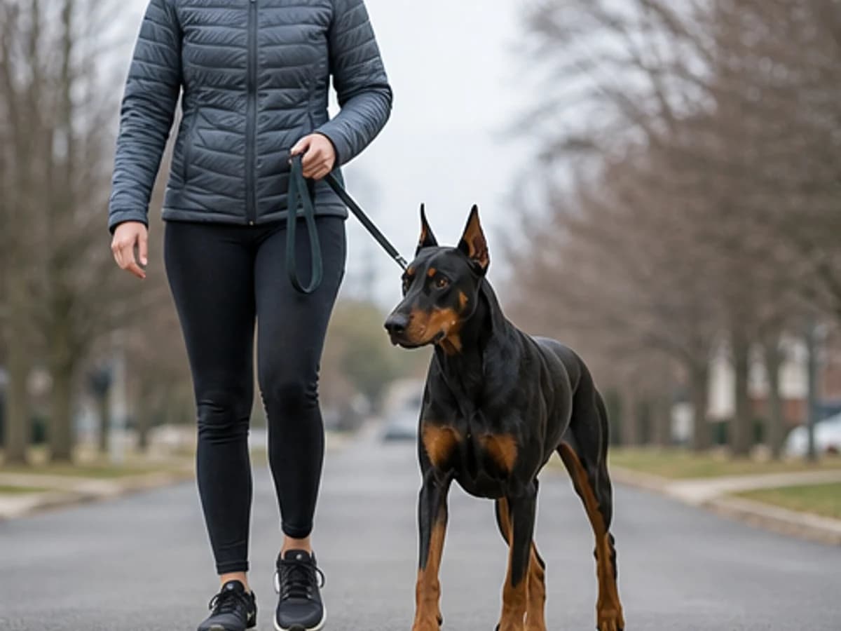 Exercise: fit adult Doberman on a controlled brisk walk in mild weather