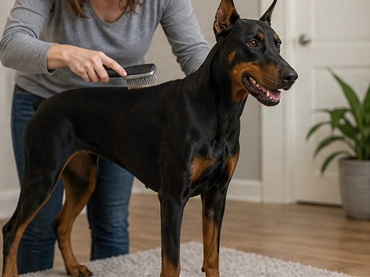 Daily care: owner brushing the short coat while the dog stands comfortably