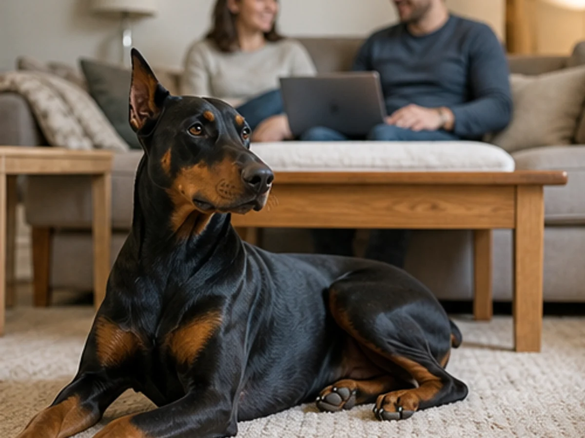Household fit: relaxed Doberman settled near ordinary family activity without staged child contact