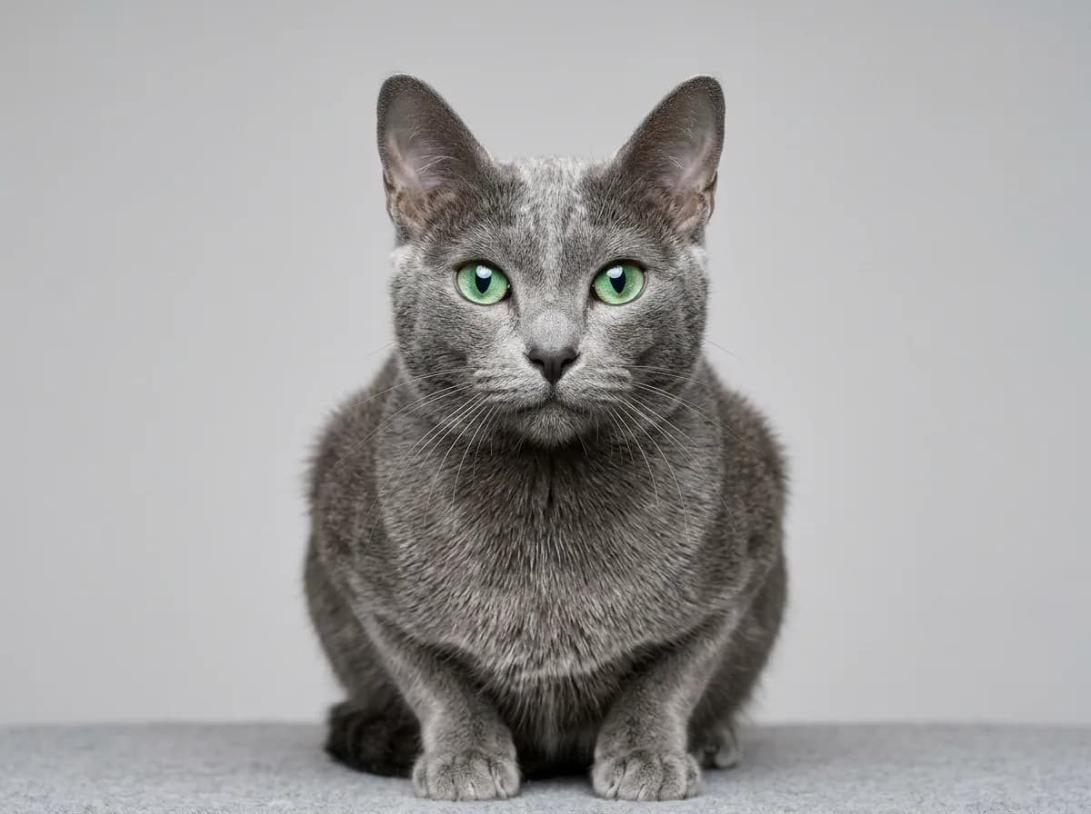 Adult Korat cat with a silver-tipped blue-grey coat, large luminous green eyes, and a heart-shaped face looking head-on