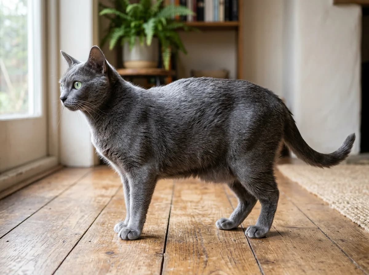 Full-body Korat cat standing in profile showing a compact semi-cobby muscular build and silver-blue coat
