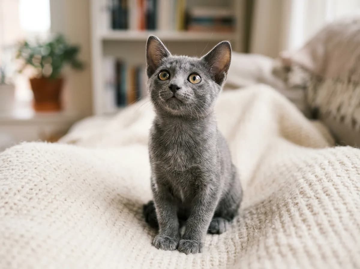 A Korat kitten with a blue-grey coat and large eyes sitting and looking up