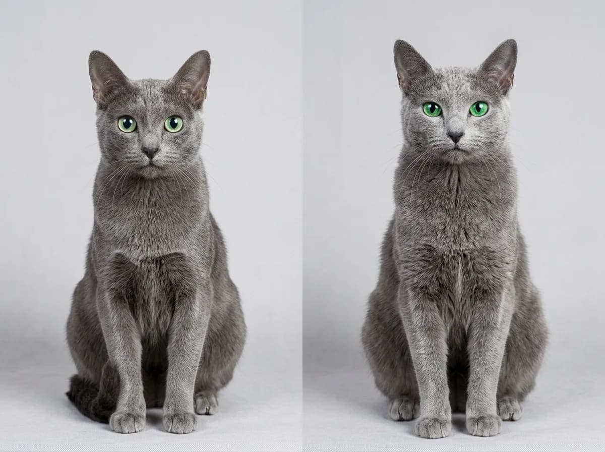 Side-by-side comparison of a Korat cat with green eyes and heart-shaped face next to a Russian Blue cat with a wedge head and plush double coat