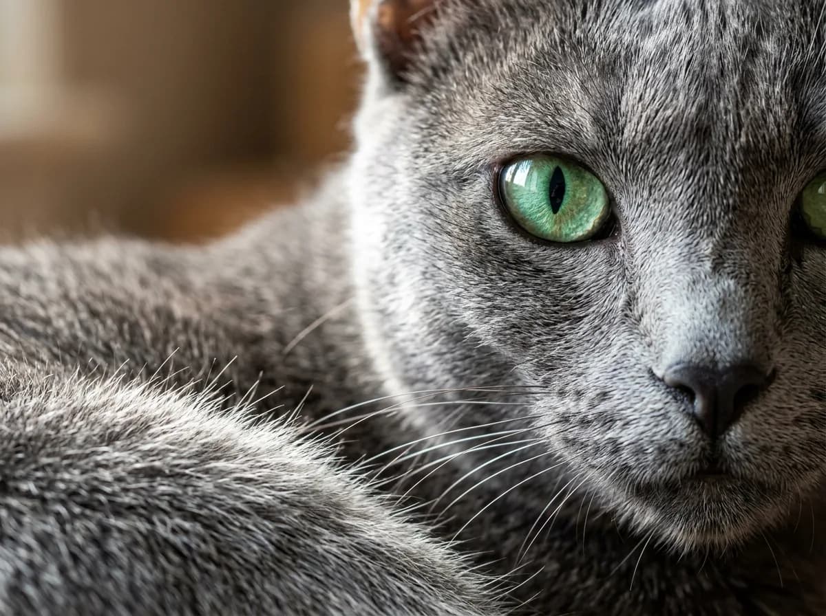 Close-up of a Korat cat's silver-tipped blue coat and one luminous green eye