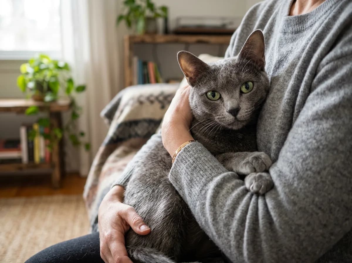 A Korat cat being held in a person's arms looking calm and content