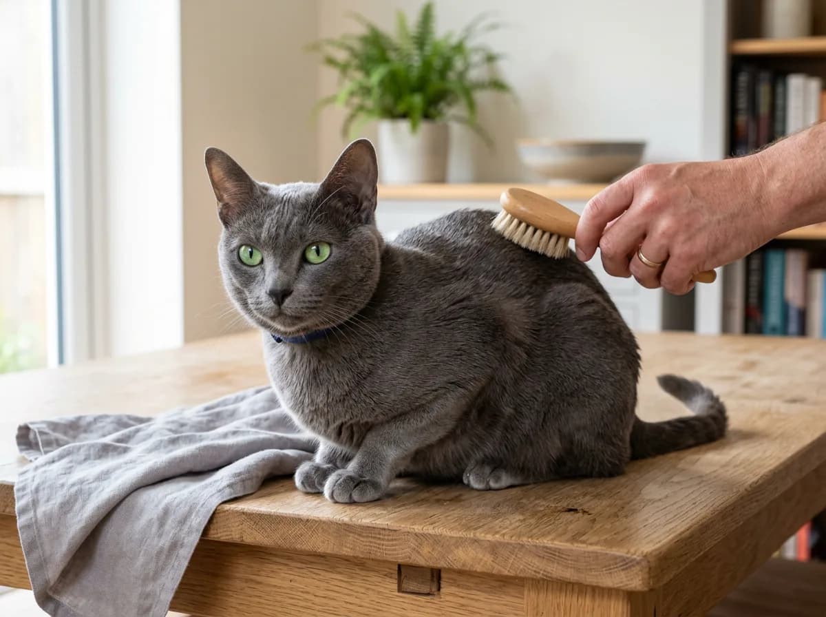 A Korat cat being gently brushed, showing its short low-shedding silver-blue coat