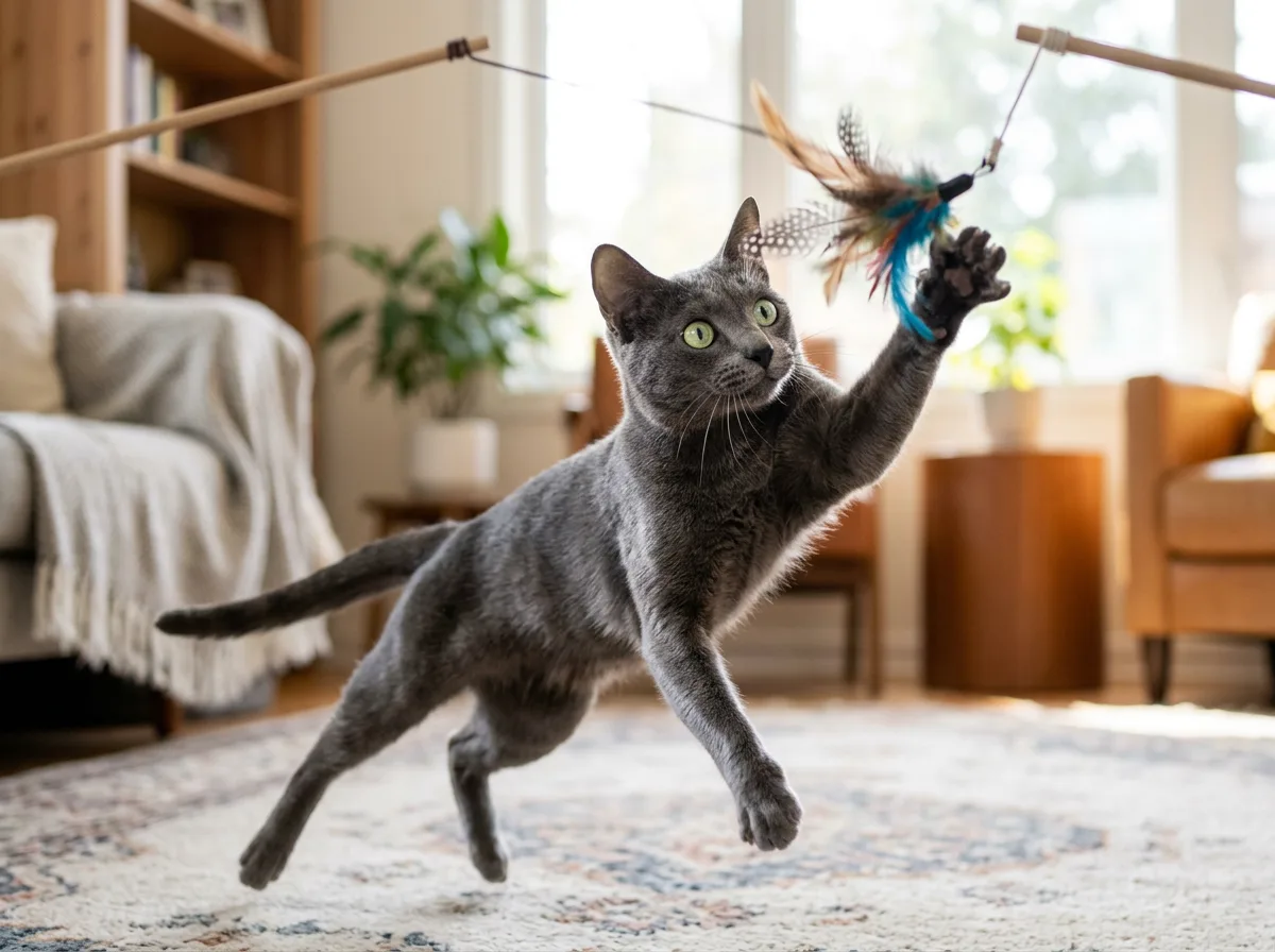 A Korat cat mid-play batting at a feather toy with bright green eyes and an alert expression