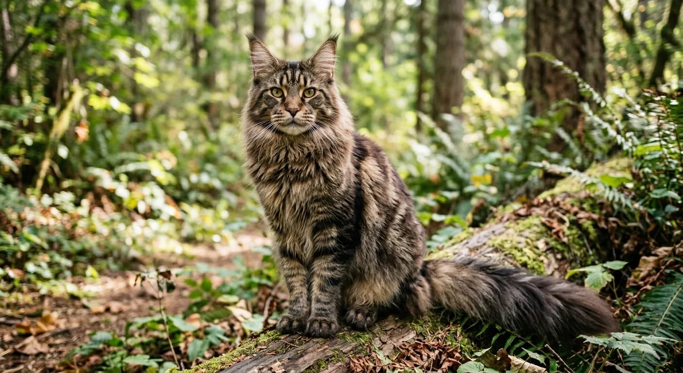 A large brown tabby Maine Coon cat with a shaggy coat, lynx-tipped ears, and a long bushy tail sitting upright outdoors