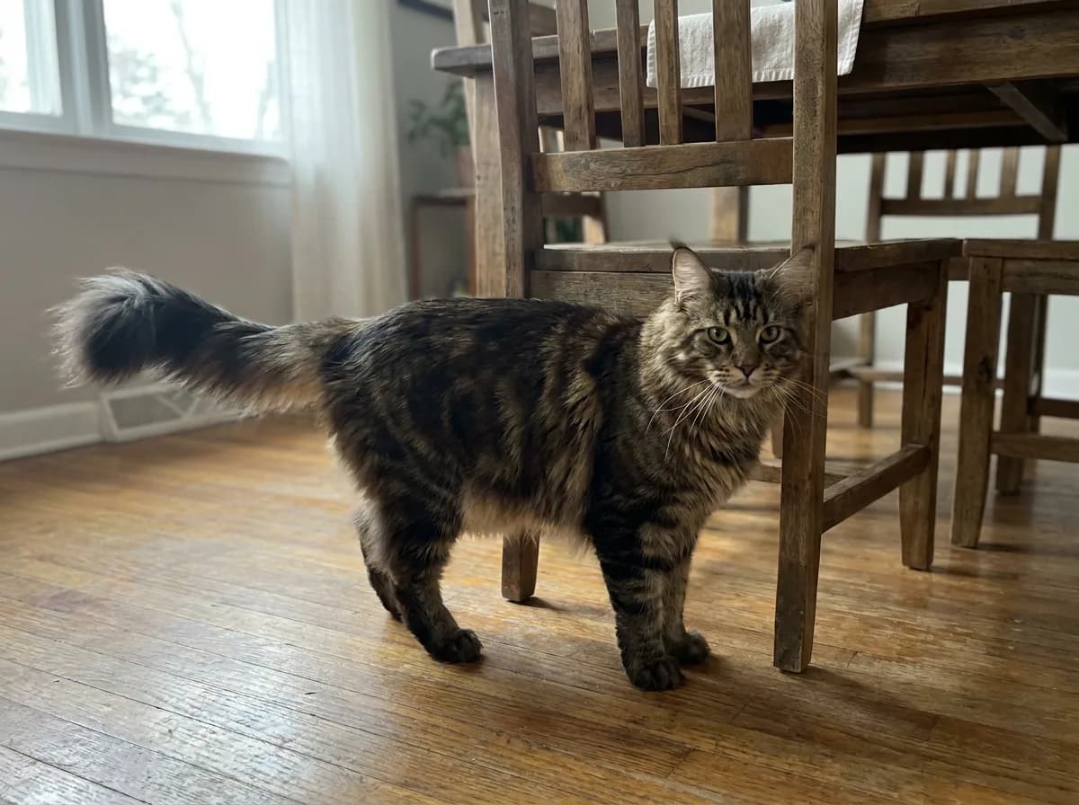 Brown tabby Maine Coon standing beside a wooden dining chair with its plumed tail extended.