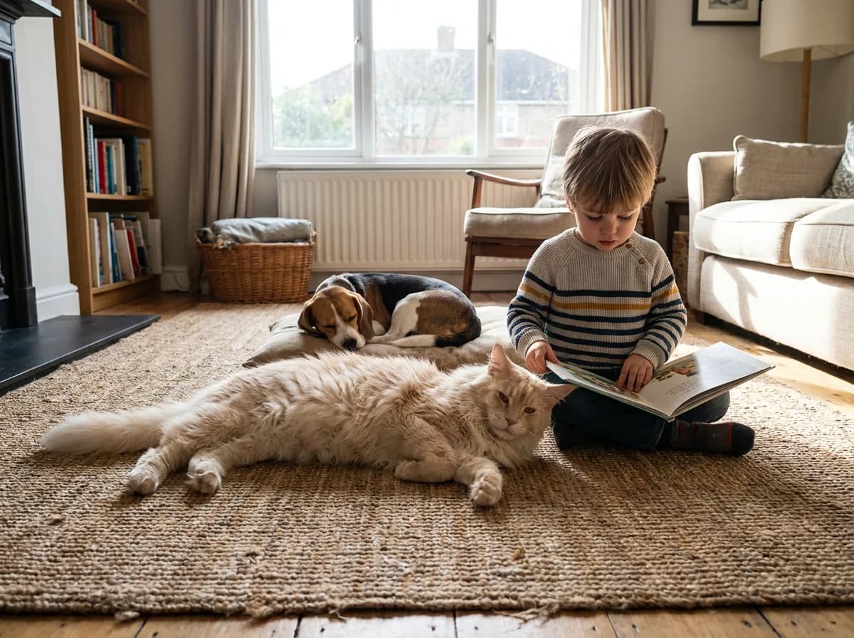 Cream Maine Coon resting on a rug beside a child reading, with a sleeping beagle nearby.