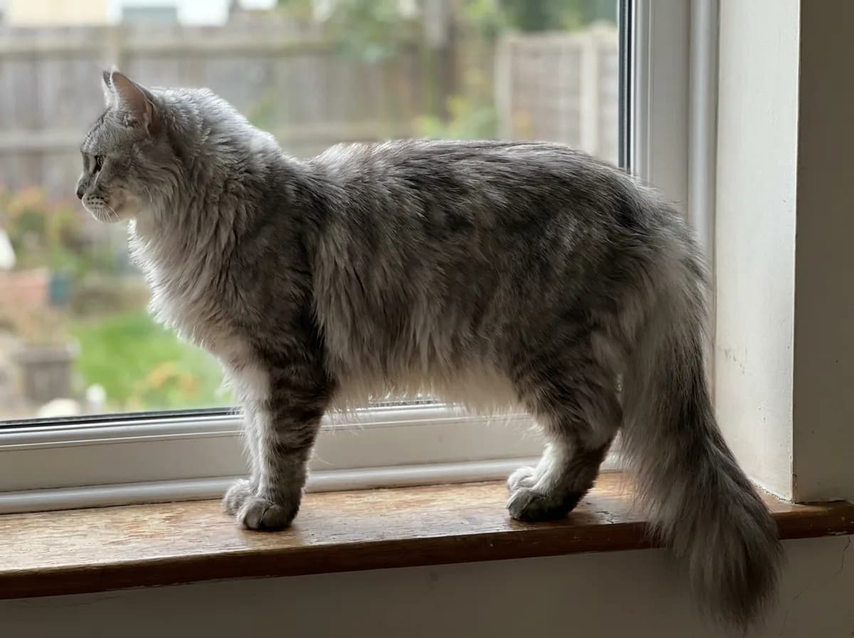 Silver tabby Maine Coon standing in profile on a sunny windowsill.