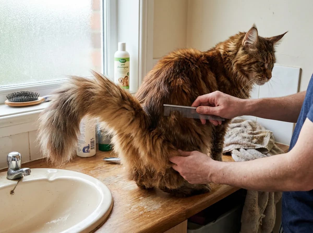 An owner gently combing the rear coat of a red Maine Coon beside a bathroom sink.