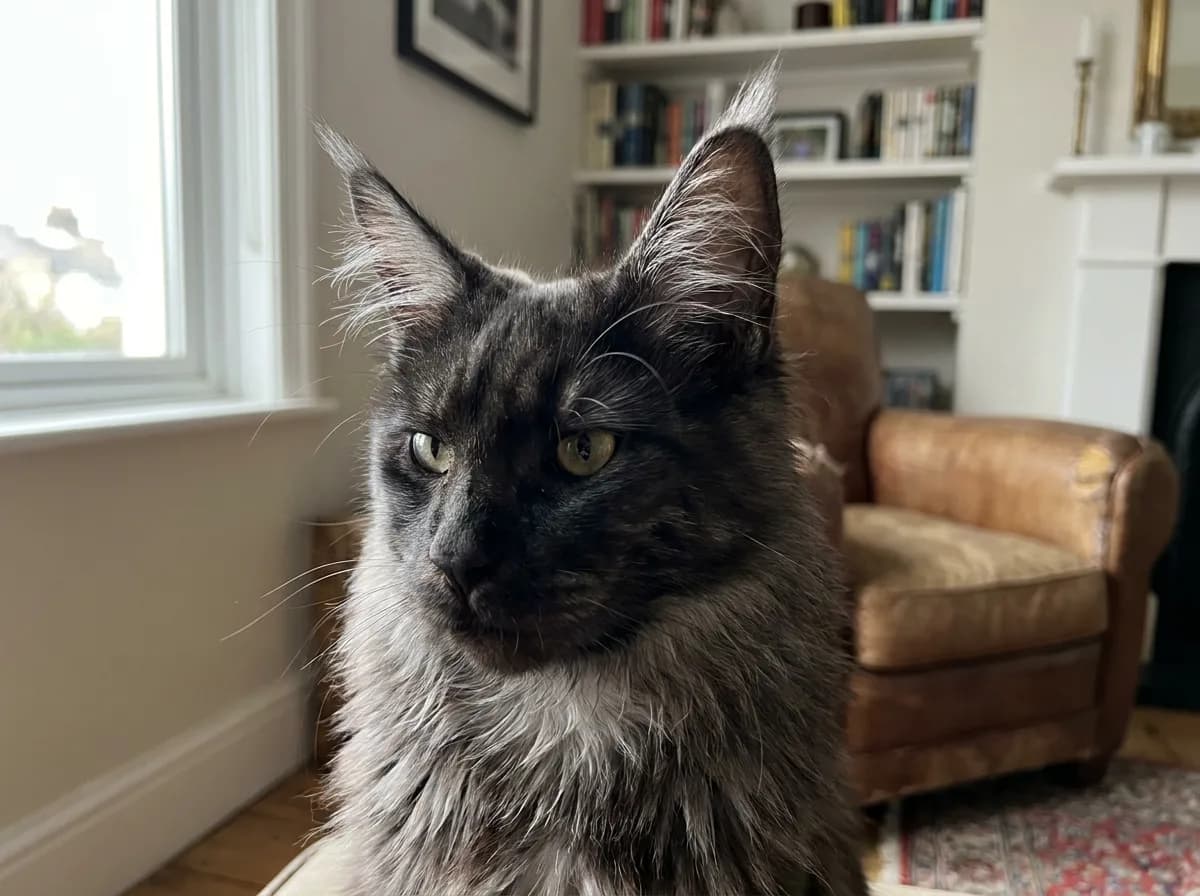 Close portrait of a dark Maine Coon showing ear tufts, cheek fur, and a shaggy ruff.
