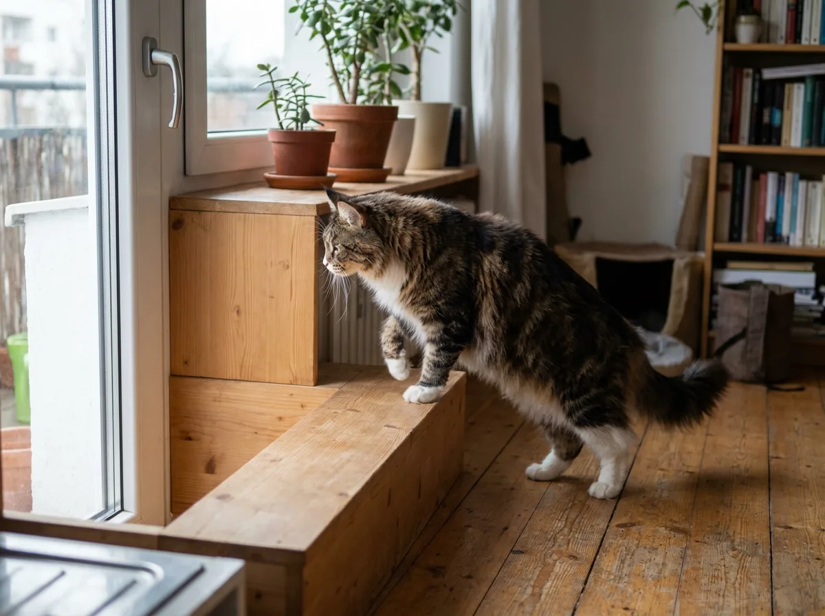 Tabby Maine Coon stepping onto a wide wooden platform beside a window.